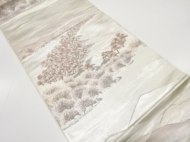 JAPANESE KIMONO / ANTIQUE FUKURO OBI / SILK / PLATINUM​ FOIL / WOVEN SCENERY OF SEASIDE